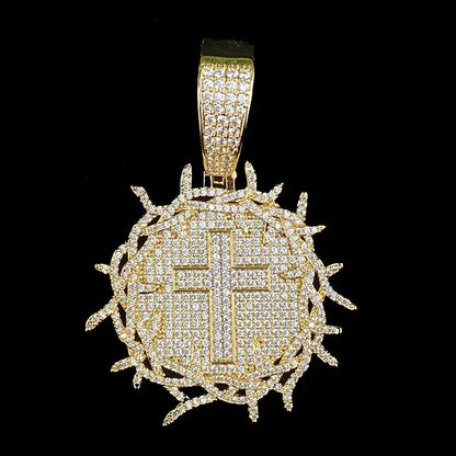 Iced Out Thorns Disc Cross Pendant | Men's Real Copper CZ Shield Necklace - CaratixJewelry