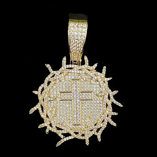 Iced Out Thorns Disc Cross Pendant | Men's Real Copper CZ Shield Necklace - CaratixJewelry