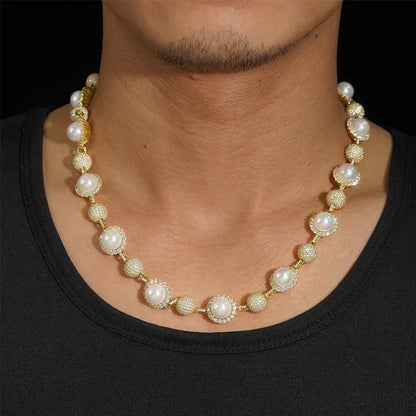10mm Pearl Moissanite Necklace | S925 Silver Men’s Hip Hop Jewelry - CaratixJewelry