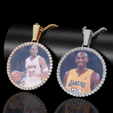 Custom Large Round Photo Pendant Necklace with Zircon Stones for Men | Caratix Jewelry - CaratixJewelry