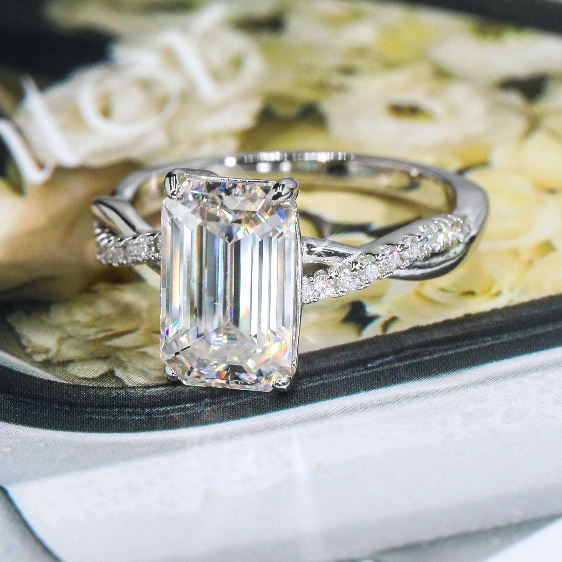 4ct Emerald-Cut Moissanite Ring | S925 Silver Luxury Women’s Engagement Jewelry - CaratixJewelry