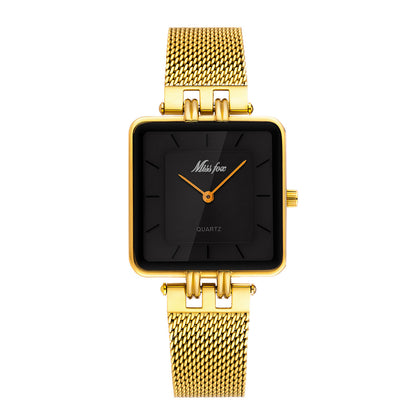Classic Square Gold Watch Stainless Steel Mesh Band | Caratix