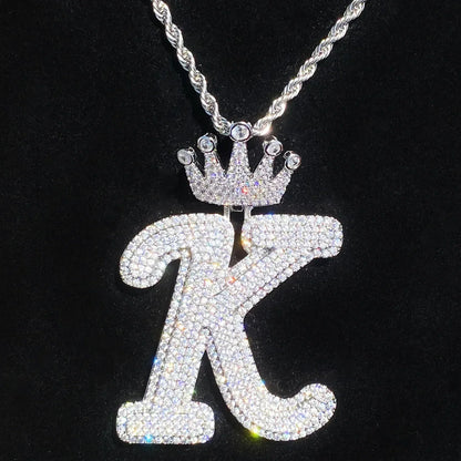 Iced Out Crown Letter K Pendant | Real Copper CZ Initial Necklace - CaratixJewelry
