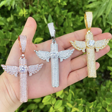 Iced Out Micro Winged Cross Pendant | Unisex Minimalist "Mini" Necklace - CaratixJewelry
