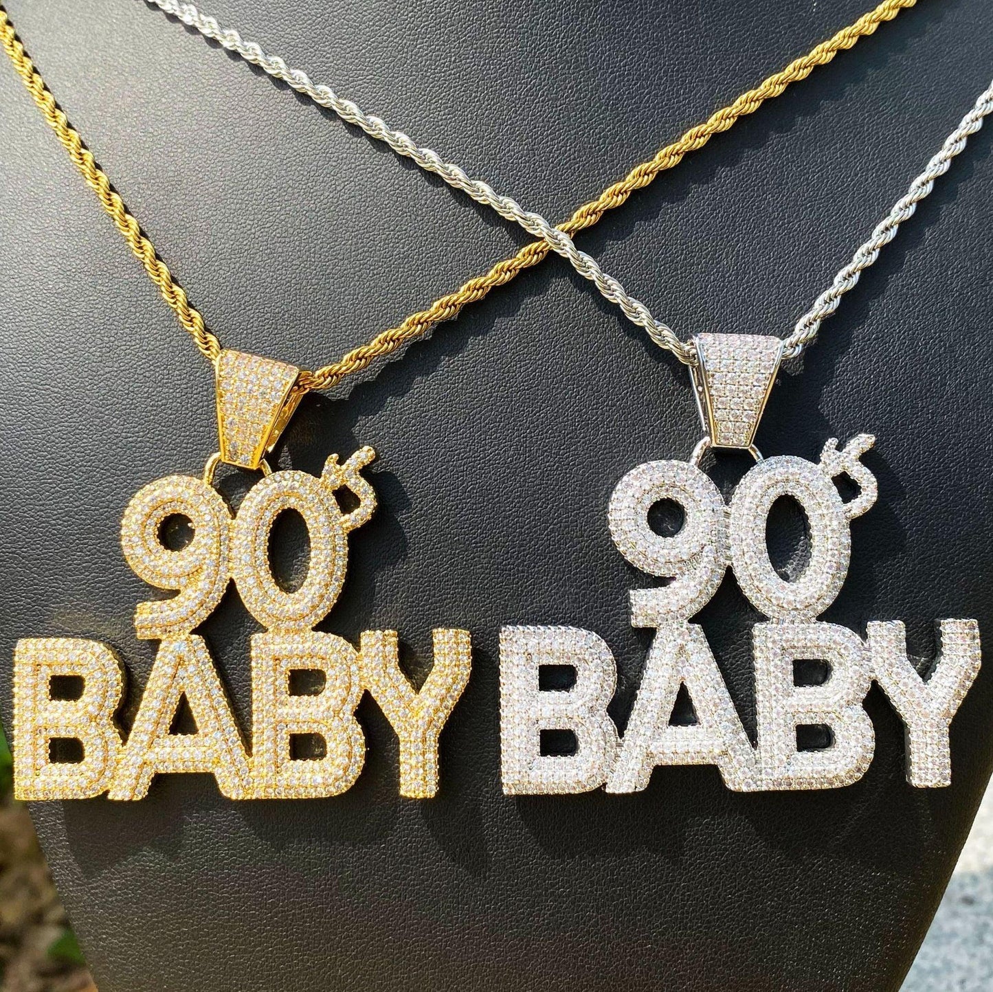 Iced Out "90s BABY" Text Pendant | Women's Y2K Nostalgia Necklace - CaratixJewelry