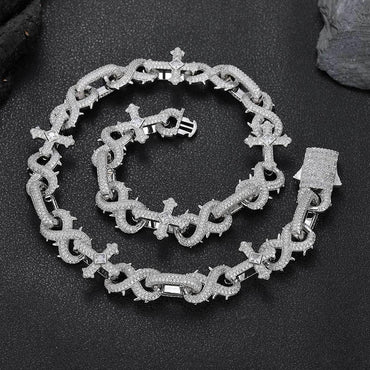 Thorn Cross Moissanite Cuban Link Chain with Figure-8 Clasp – Custom S925 Sterling Silver Iced-Out Hip Hop Men’s Streetwear Necklace - CaratixJewelry