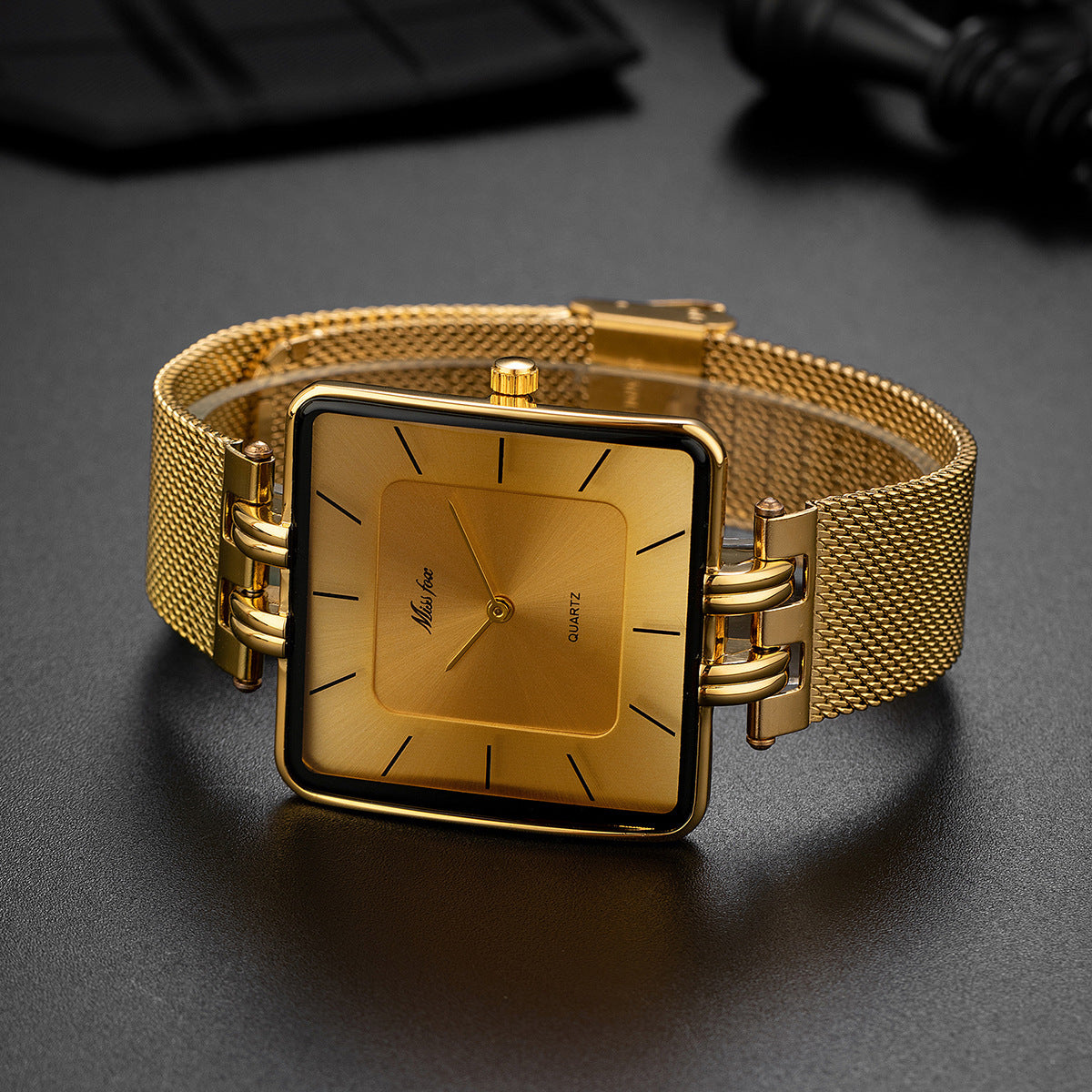 Classic Square Gold Watch Stainless Steel Mesh Band | Caratix