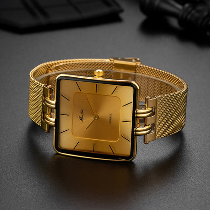 Classic Square Gold Watch Stainless Steel Mesh Band | Caratix