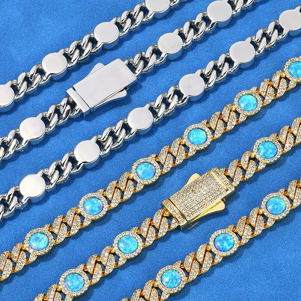 Blue Gemstone Moissanite Cuban Link Chain – Custom S925 Sterling Silver Iced-Out Hip Hop Men’s Trendy Streetwear Necklace - CaratixJewelry