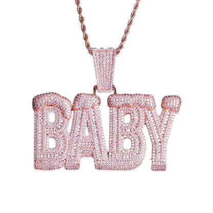 Iced Out "BABY" Letter Pendant | Unisex Real Copper CZ Necklace - CaratixJewelry