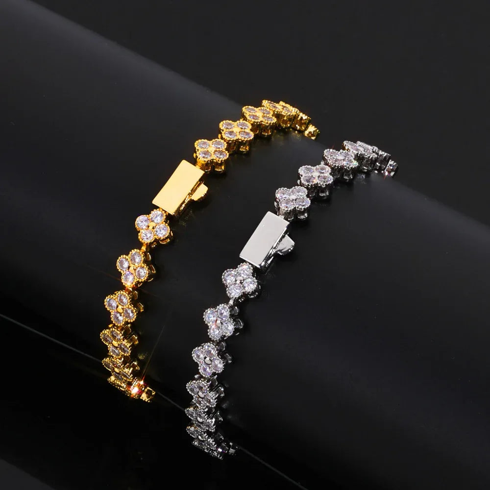 7mm Men's Full Zircon Clover & Plum Blossom Bracelet | Iced Out Floral Link Chain | Premium Iced Out Jewelry | Caratix - CaratixJewelry