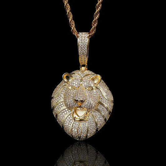 Solid Lion Head Pendant Necklace with Micro-Pave Zircon and Gold Plating for Men | Caratix Jewelry - CaratixJewelry