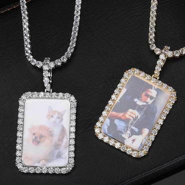 Custom Large Square Photo Pendant Necklace with Micro-Pave Zircon Stones | Caratix Jewelry - CaratixJewelry