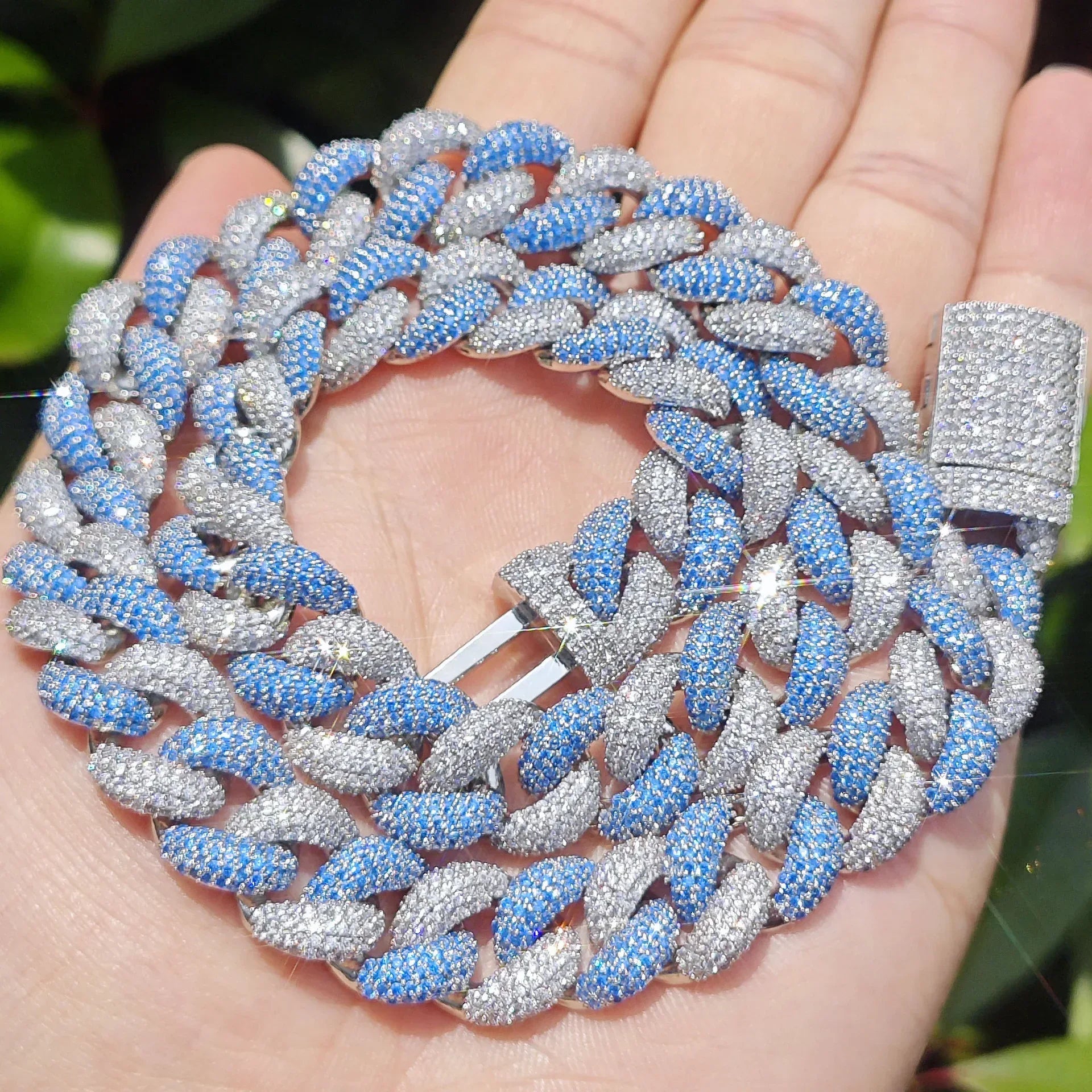 14mm Silver Blue Bubble Cuban Chain Necklace - CaratixJewelry