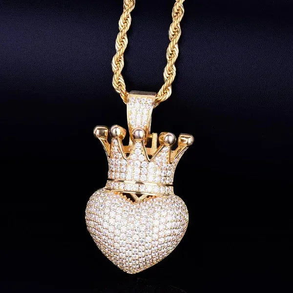 Luxury Iced Out Heart Crown Pendant for Men | Hip Hop Pave CZ Jewelry | Trendy Copper Zircon Necklace | King of Hearts Ice Pendant | Caratix - CaratixJewelry