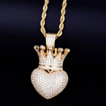 Luxury Iced Out Heart Crown Pendant for Men | Hip Hop Pave CZ Jewelry | Trendy Copper Zircon Necklace | King of Hearts Ice Pendant | Caratix - CaratixJewelry