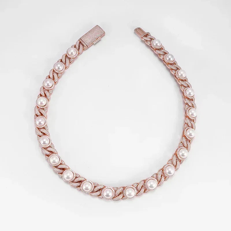 15mm Pearl Moissanite Cuban Link Necklace | S925 Silver Men’s Hip Hop Chain - CaratixJewelry