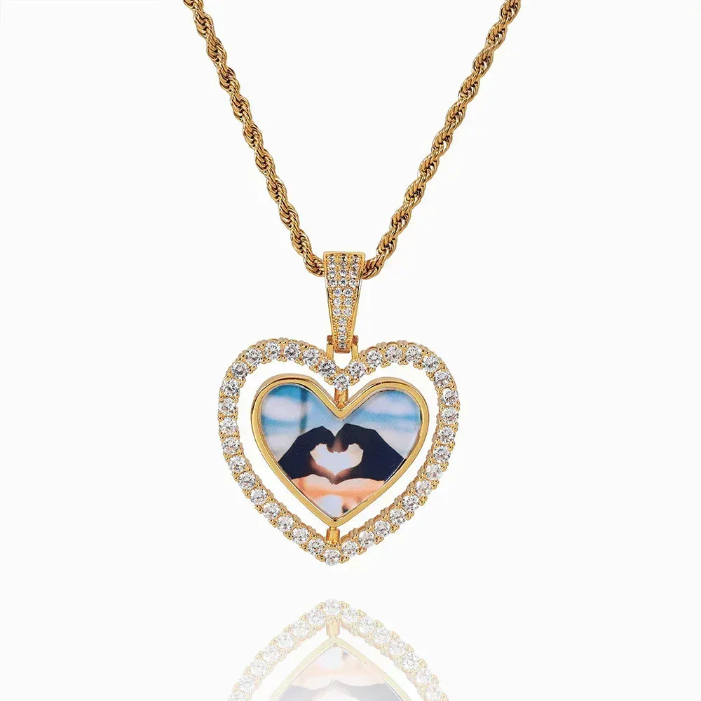 Custom Rotating Double-Sided Heart Photo Pendant Necklace with Zircon Stones | Caratix Jewelry - CaratixJewelry
