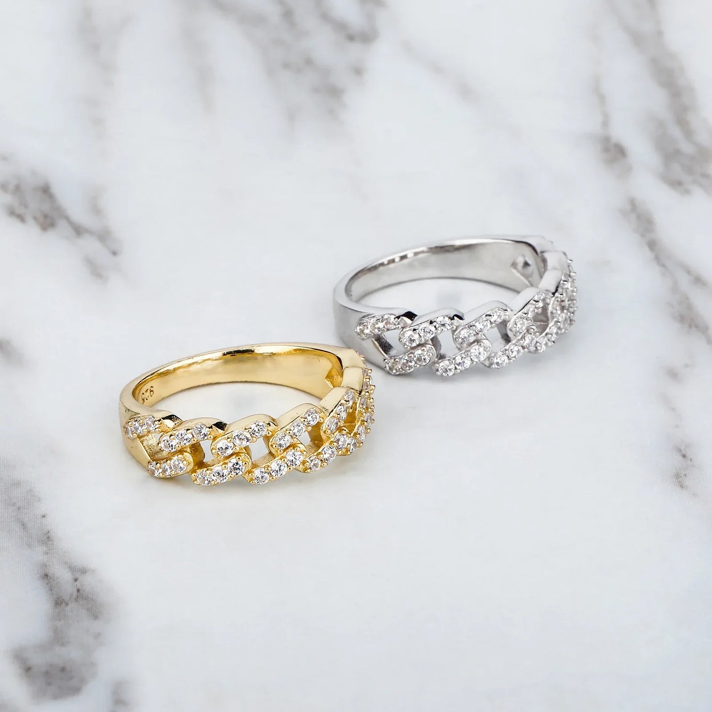 Solid 925 Sterling Silver Cuban Link Ring | Iced Out Hip Hop Band | Caratix