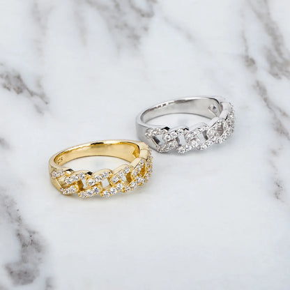 Solid 925 Sterling Silver Cuban Link Ring | Iced Out Hip Hop Band | Caratix