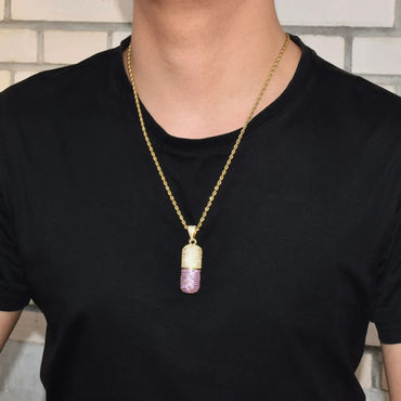 Iced Out Dual-Tone Pill Pendant | Men's Spliced Capsule Necklace | Premium Copper CZ Party Jewelry | Half & Half Trend Bling | Caratix - CaratixJewelry