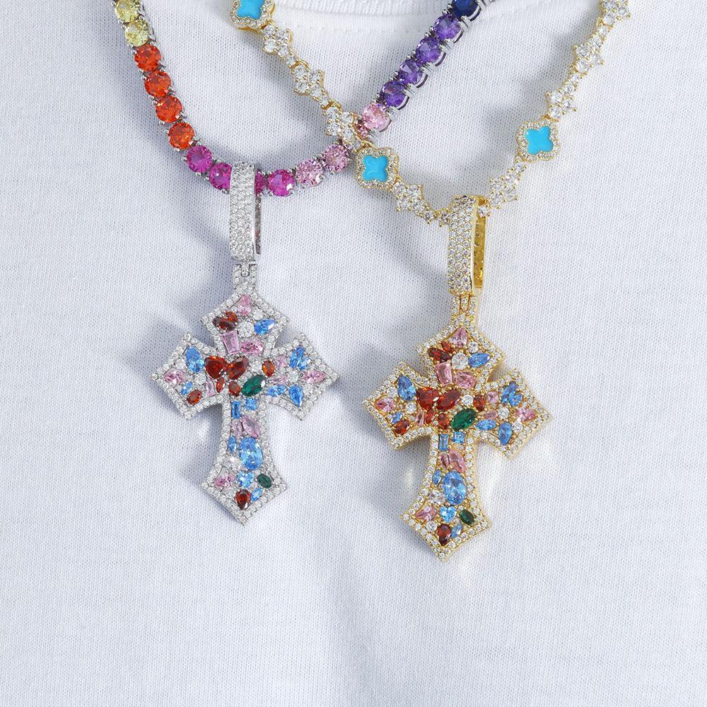 Colorful Zircon Cross Pendant Necklace Hip Hop Jewelry | Caratix Jewelry - CaratixJewelry