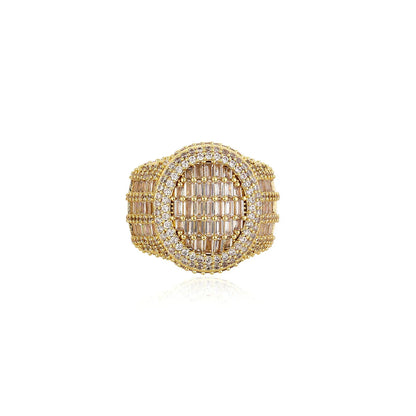 Men's Iced Out Round Signet Ring | Baguette Cut Retro Hip Hop Band | Caratix