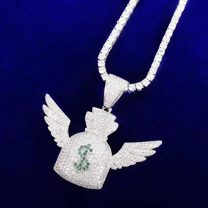 Iced Out Winged Money Bag Pendant | "Flying Cash" Men's Hip Hop Necklace | Premium Copper CZ Dollar Sign Jewelry | Bag Chaser Bling | Caratix - CaratixJewelry