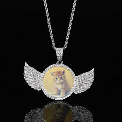 Custom Angel Wings Round Photo Pendant Necklace with Zircon Stones for Men | Caratix Jewelry - CaratixJewelry