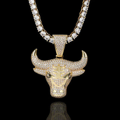 Bull Head Pendant Necklace with Copper Frame and Zircon Stones for Men | Caratix Jewelry - CaratixJewelry