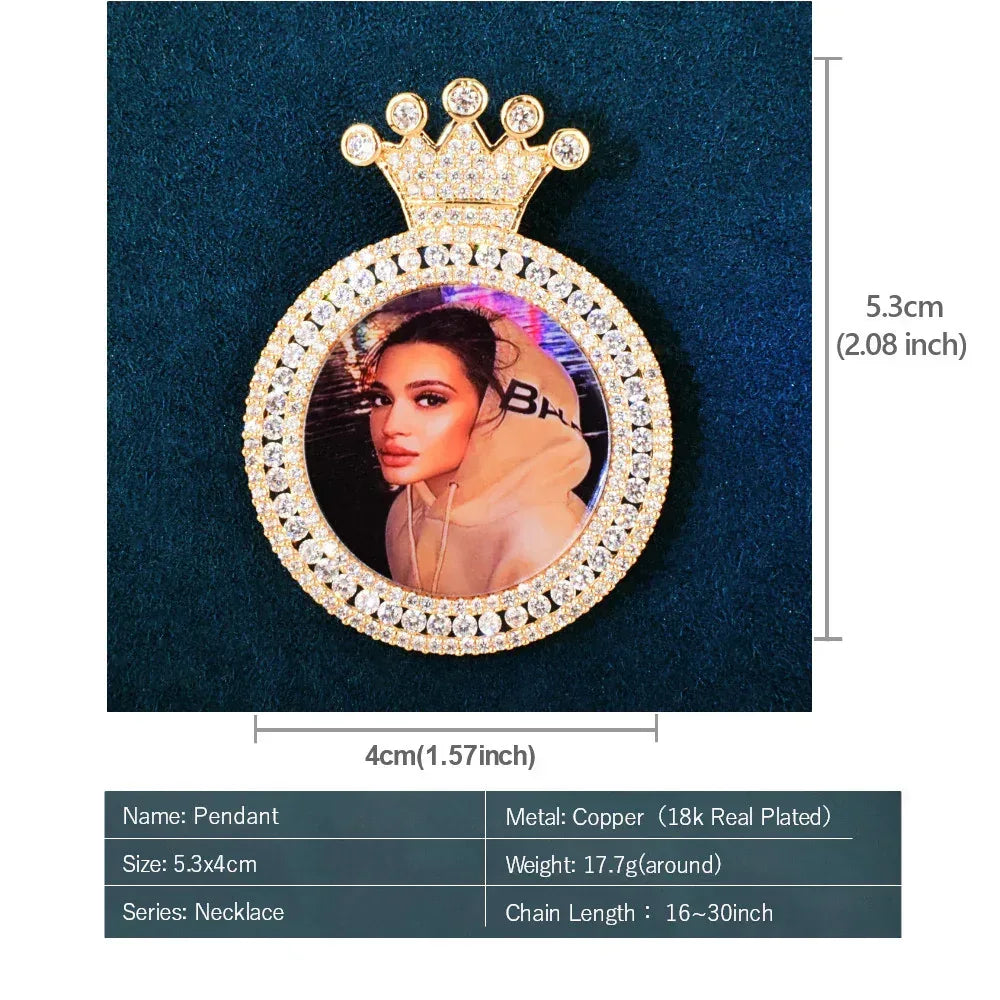 Crown Photo Frame Pendant | Iced Out CZ Custom Picture Hip Hop DIY Necklace - CaratixJewelry