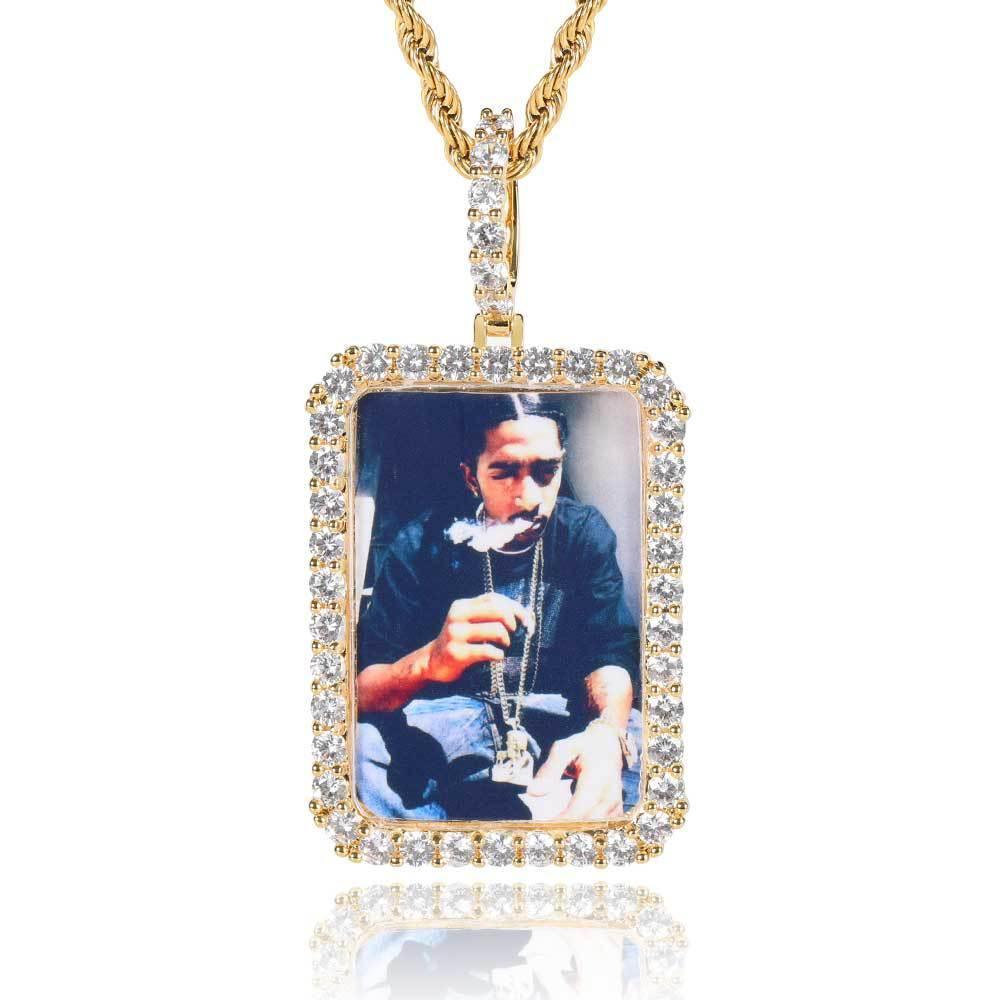 Custom Large Square Photo Pendant Necklace with Micro-Pave Zircon Stones | Caratix Jewelry - CaratixJewelry