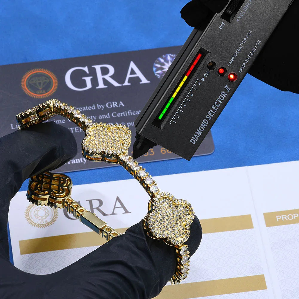 S925 Sterling Silver Moissanite Clover Tennis Bracelet | VVS Moissanite Tester Passed Handpiece | Premium Hip Hop Bling | Caratix - CaratixJewelry