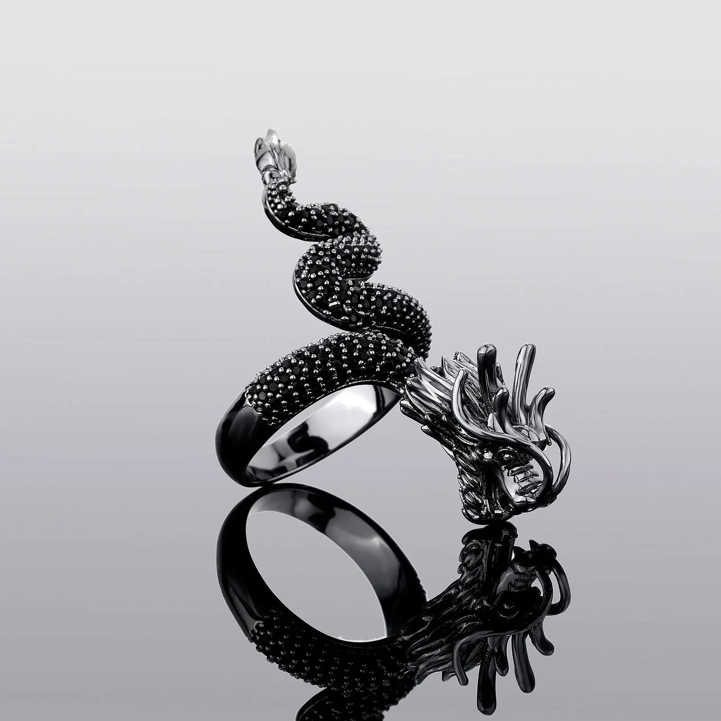 Black Dragon Ring for Men | Neo-Chinese Mythical Serpent Band | Caratix