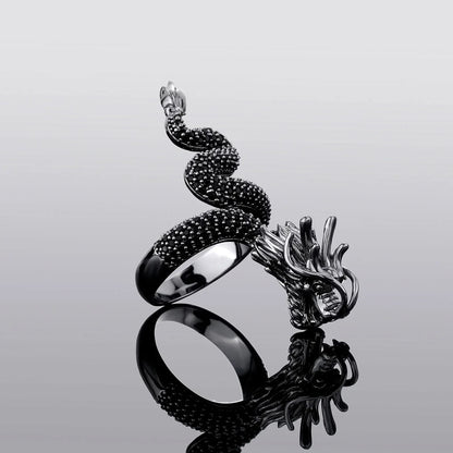 Black Dragon Ring for Men | Neo-Chinese Mythical Serpent Band | Caratix