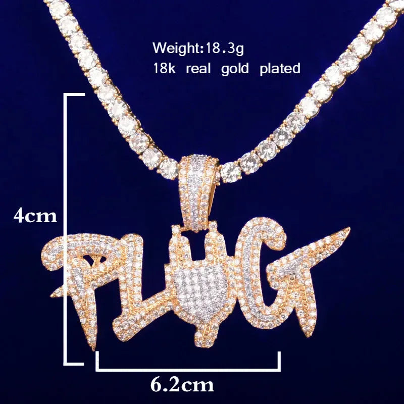 Iced Out "PLUG" Letter Pendant | Men's Hip Hop Word Necklace | Premium Copper CZ Trap Jewelry | The Source Bling | Caratix - CaratixJewelry