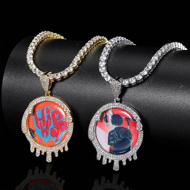 Custom Geometric Water Drop Photo Frame Pendant Necklace with Micro-Pave Zircon Stones | Caratix Jewelry - CaratixJewelry