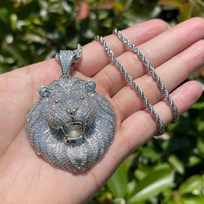 Iced Out Lion Head Pendant | Men's King of Jungle Necklace | Premium Copper CZ Animal Jewelry | Royal Boss Bling | Caratix - CaratixJewelry