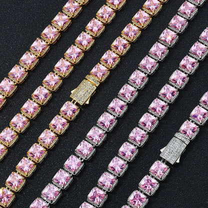 Custom 10mm Pink Baguette Sugar Link Necklace Hip Hop Bling | Caratix - CaratixJewelry