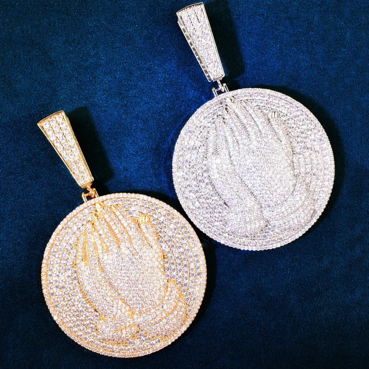 Double-Hand Disc Pendant Necklace | CZ Iced Out Hip Hop Streetwear Sweater Chain - CaratixJewelry