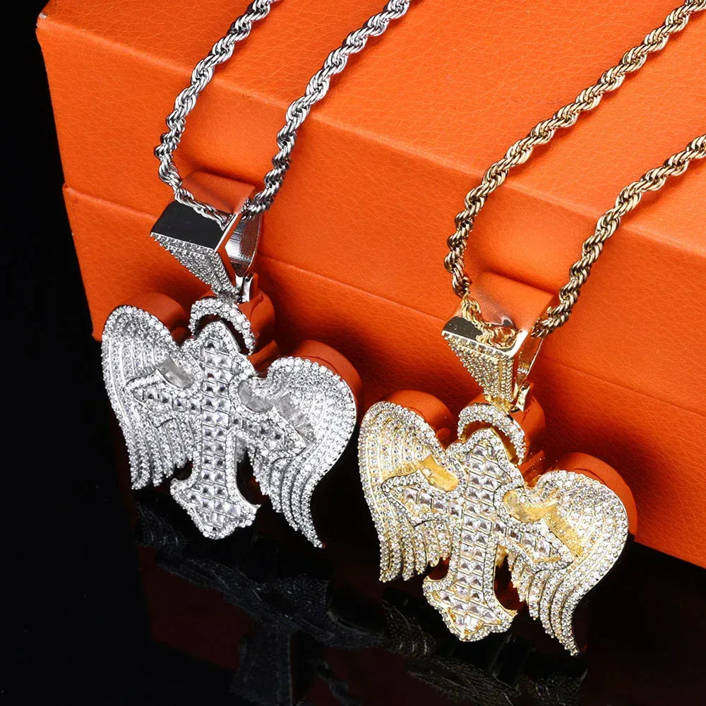 Cross Wing S925 Silver Moissanite Ice Pendant Necklace for Men | Caratix Jewelry - CaratixJewelry