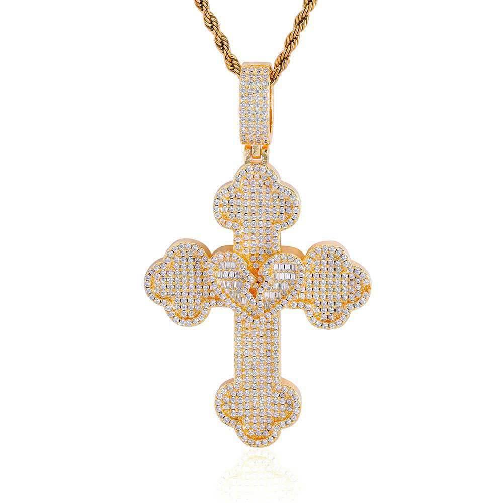 Iced Out Broken Heart Cross Pendant Necklace Zircon Chrome Heart Crossr Style | Caratix Jewelry - CaratixJewelry