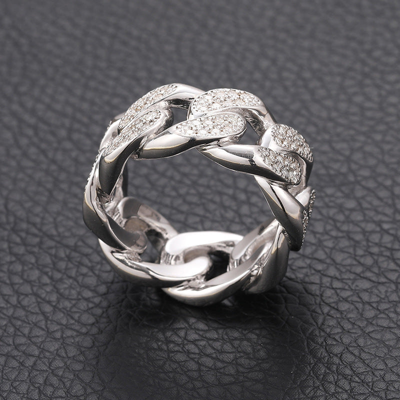 S925 Sterling Silver Moissanite Cuban Link Ring – Iced-Out Hip-Hop Chain Band for Men