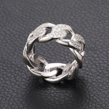 S925 Sterling Silver Moissanite Cuban Link Ring – Iced-Out Hip-Hop Chain Band for Men