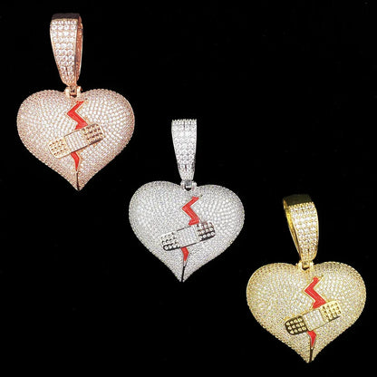 Iced Out "Mended Heart" Band-Aid Pendant | Men's Real Copper Broken Heart Necklace - CaratixJewelry