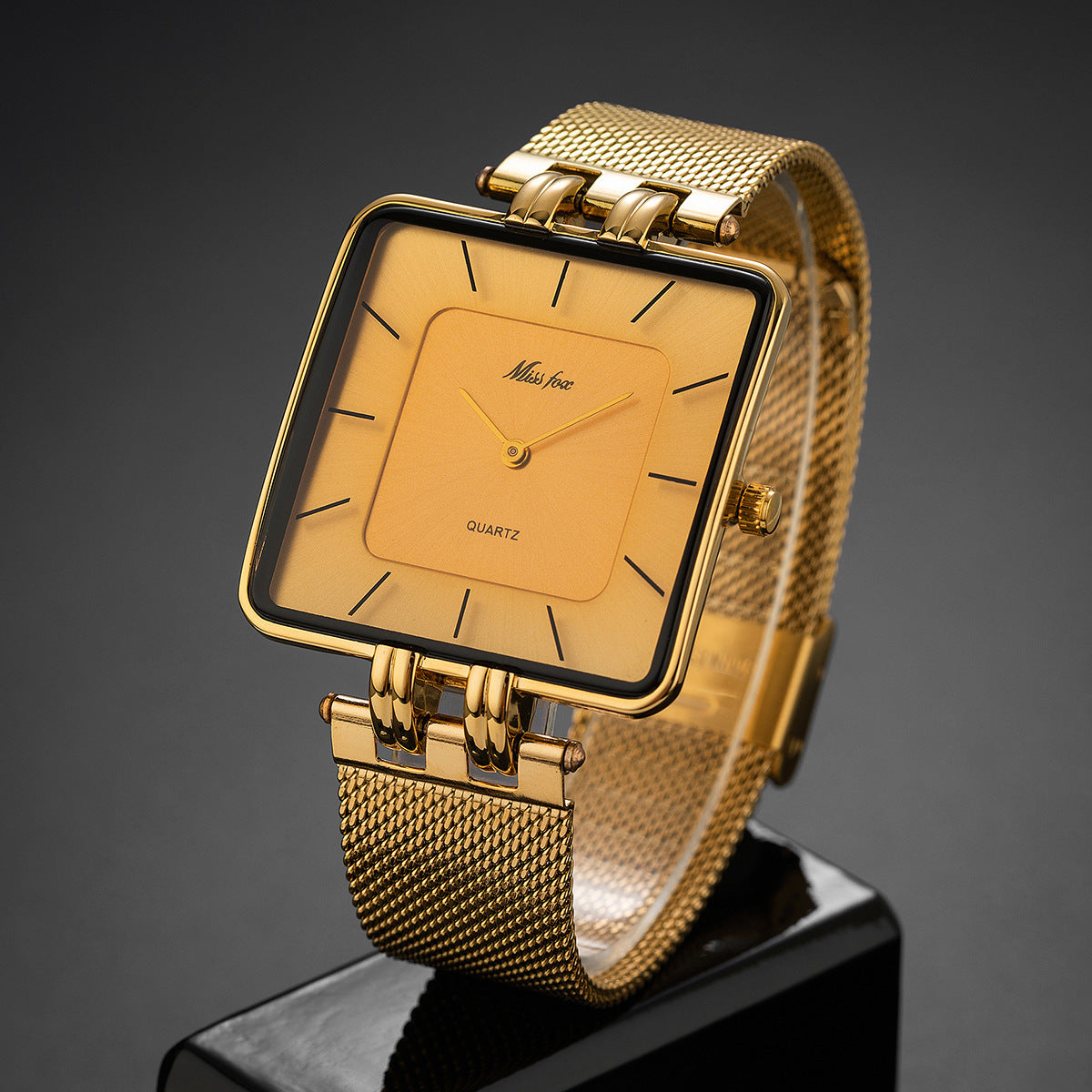 Classic Square Gold Watch Stainless Steel Mesh Band | Caratix