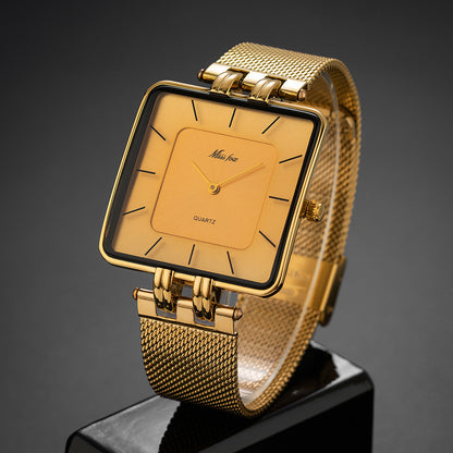 Classic Square Gold Watch Stainless Steel Mesh Band | Caratix