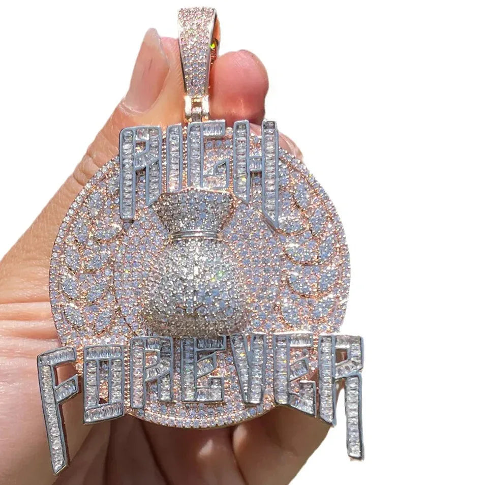 Iced Out "Rich Forever" Pendant | Men's Real Copper CZ Necklace - CaratixJewelry