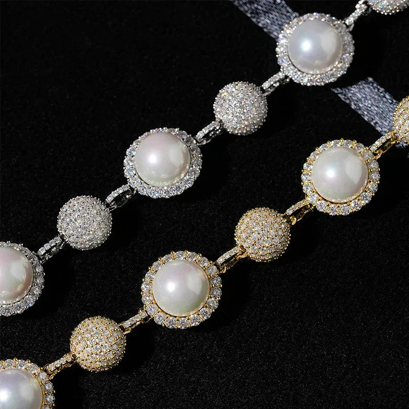 10mm Pearl Moissanite Necklace | S925 Silver Men’s Hip Hop Jewelry - CaratixJewelry
