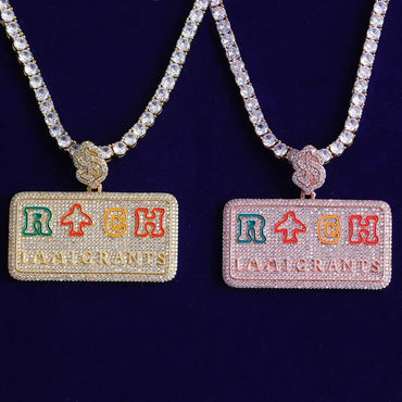 Iced Out Dollar Buckle "RICH" Square Pendant | Men's Wealth Medallion - CaratixJewelry